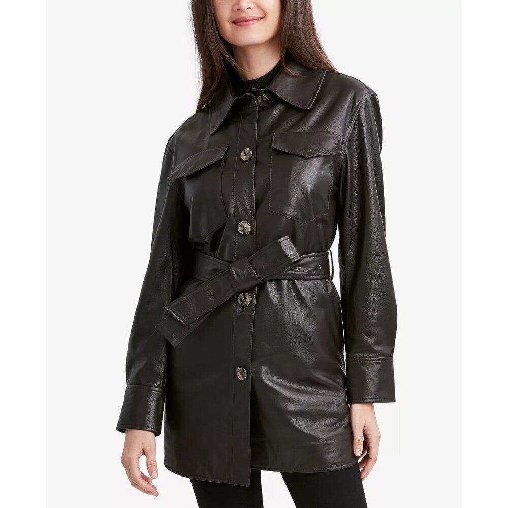Tahari Womens Size Large Liv Button Down 100% Leather Shirt Jacket in Brown FLAW